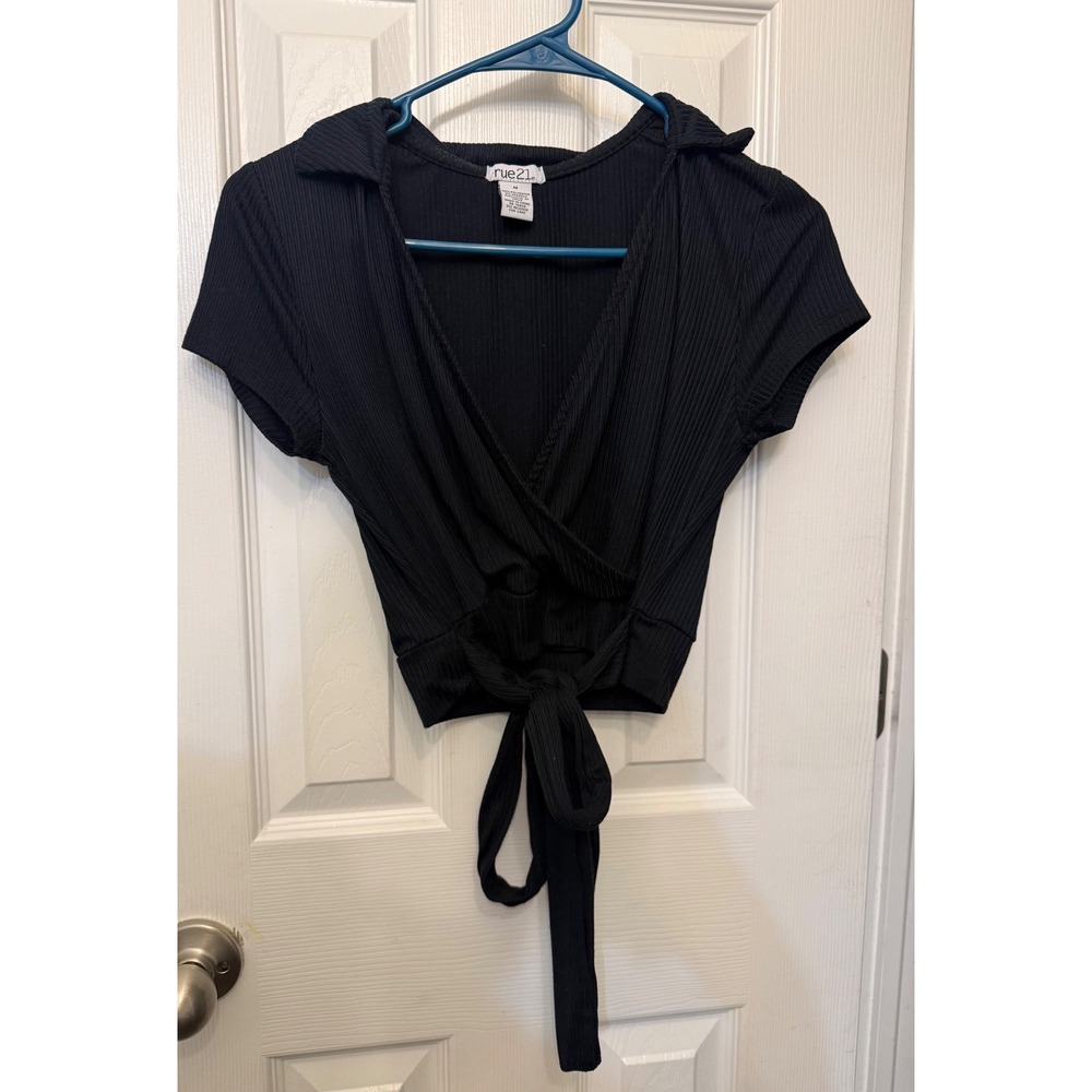 Y2K Black Ribbed Wrap Crop Top Short Sleeve Tie Back Collared Shirt Women Small